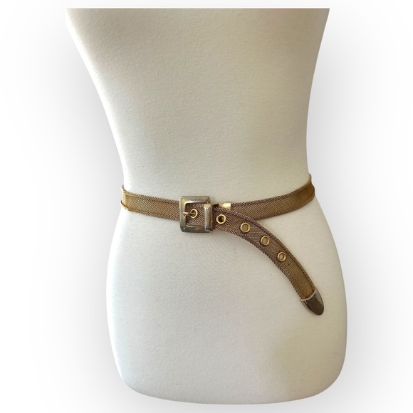 Vintage Gold Tone Metallic Woven Mesh Design Flexible Adjustable Belt - Picture 1 of 8